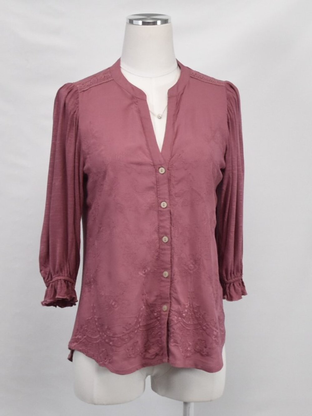 💗 Democracy Dusty Rose Embroidered Button Blouse Size Small